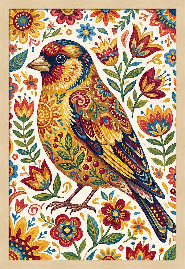 Goldfinch In Vibrant Folk Art