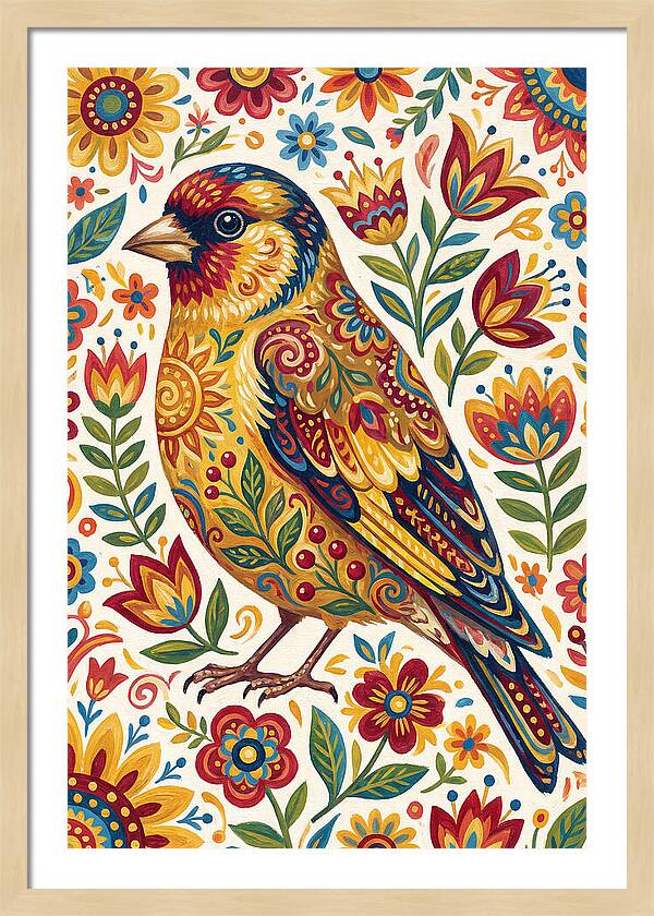 Goldfinch In Vibrant Folk Art