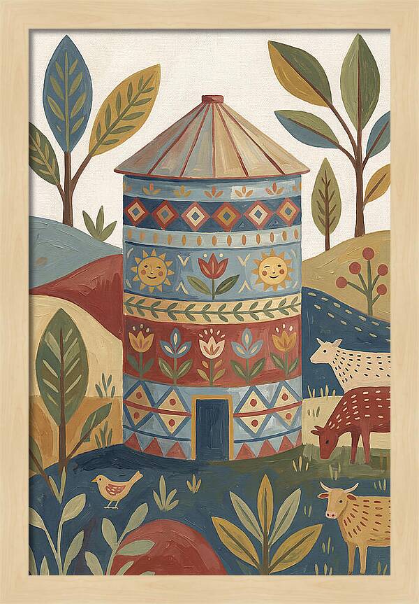 Grain Silo In Folk Art Style