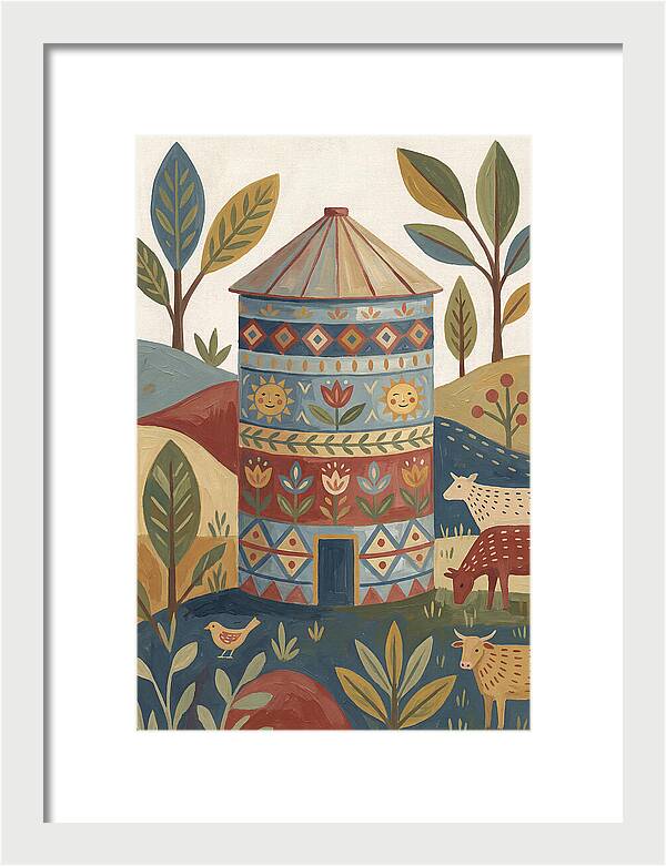 Grain Silo In Folk Art Style