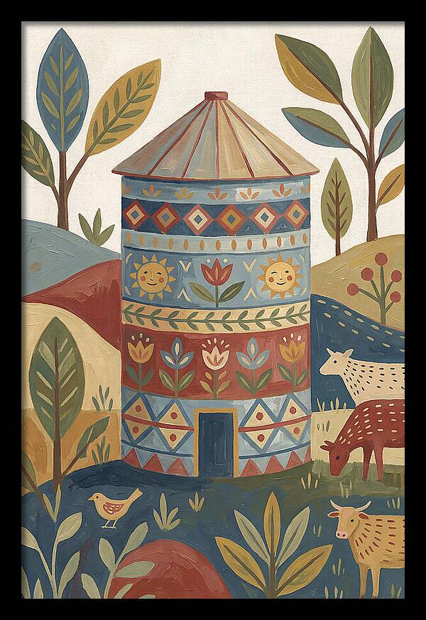 Grain Silo In Folk Art Style
