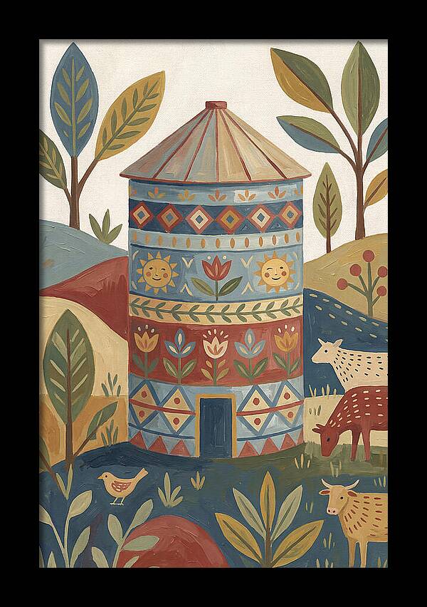 Grain Silo In Folk Art Style