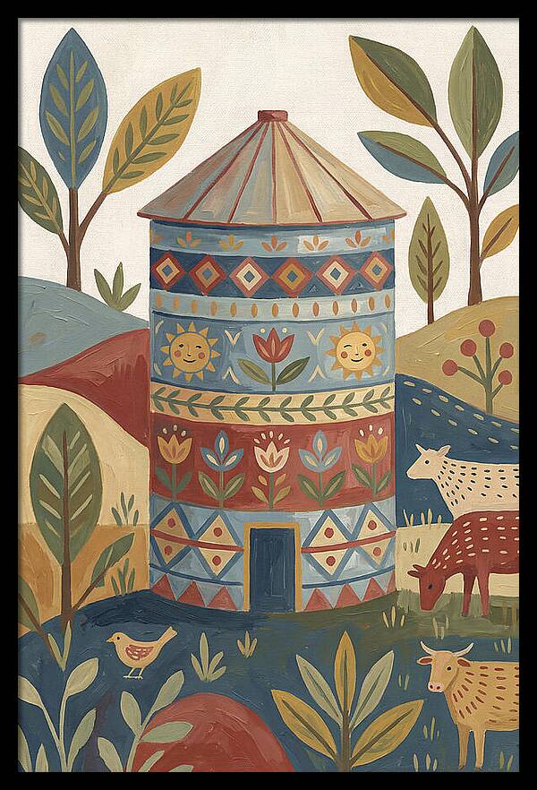 Grain Silo In Folk Art Style