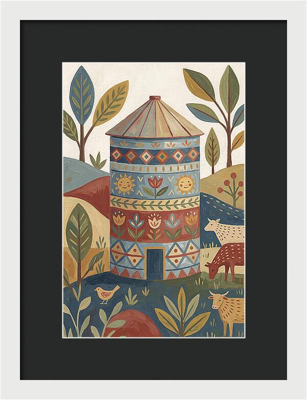 Grain Silo In Folk Art Style
