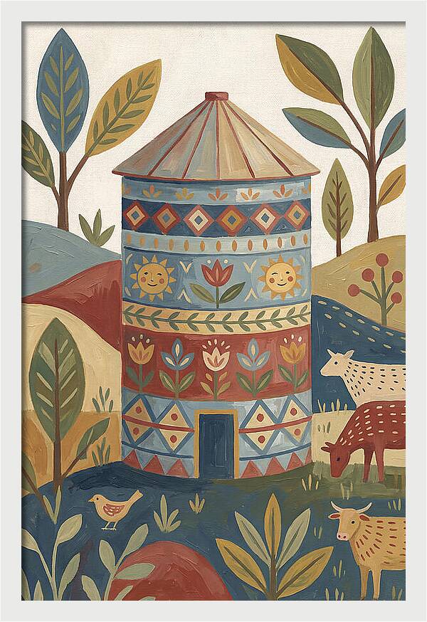 Grain Silo In Folk Art Style