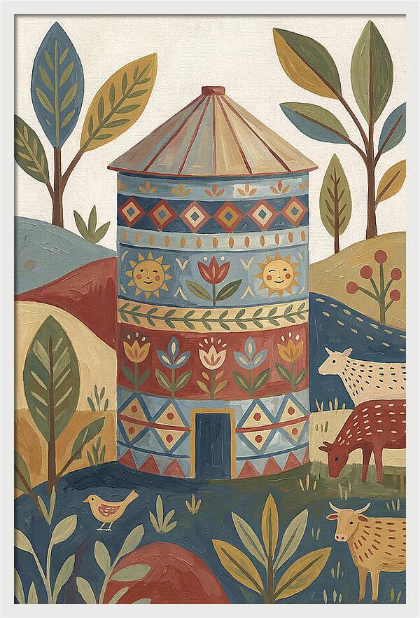 Grain Silo In Folk Art Style
