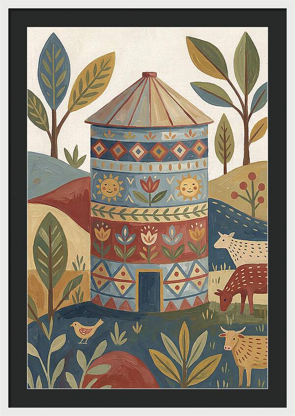 Grain Silo In Folk Art Style
