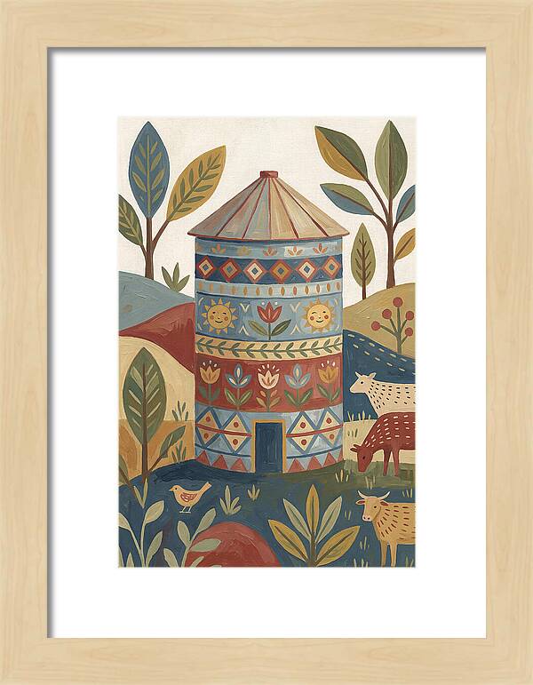 Grain Silo In Folk Art Style