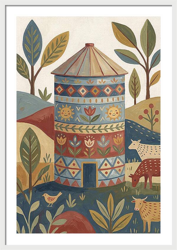 Grain Silo In Folk Art Style
