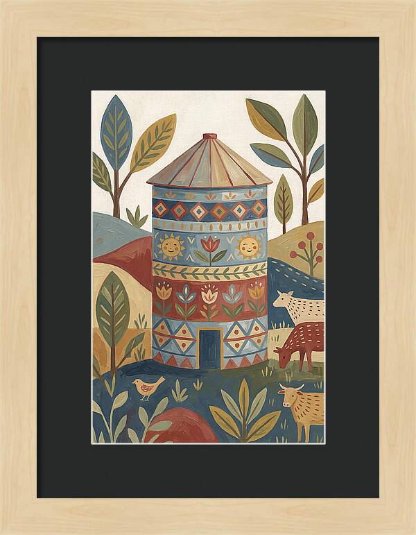 Grain Silo In Folk Art Style