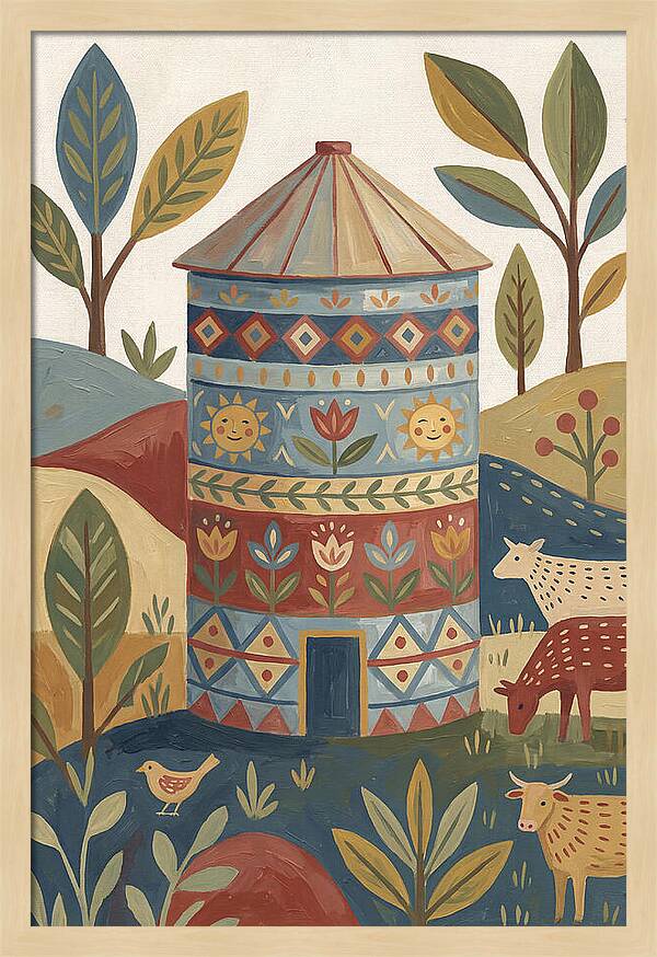 Grain Silo In Folk Art Style