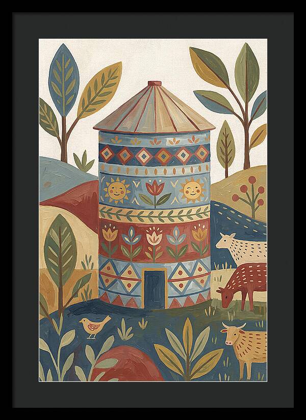 Grain Silo In Folk Art Style
