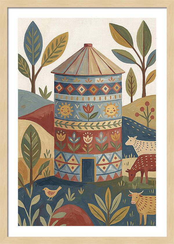 Grain Silo In Folk Art Style