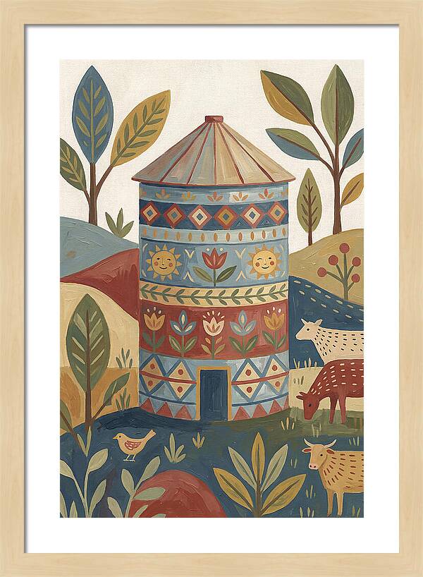 Grain Silo In Folk Art Style