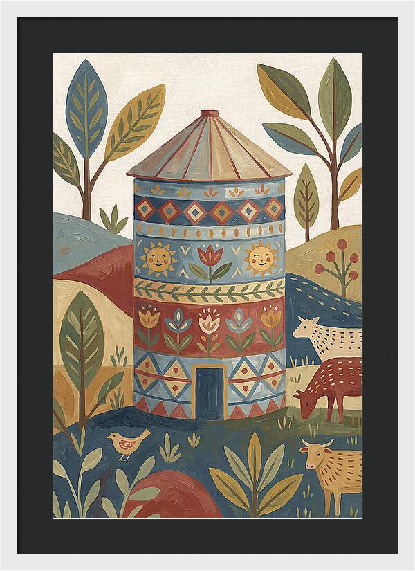 Grain Silo In Folk Art Style
