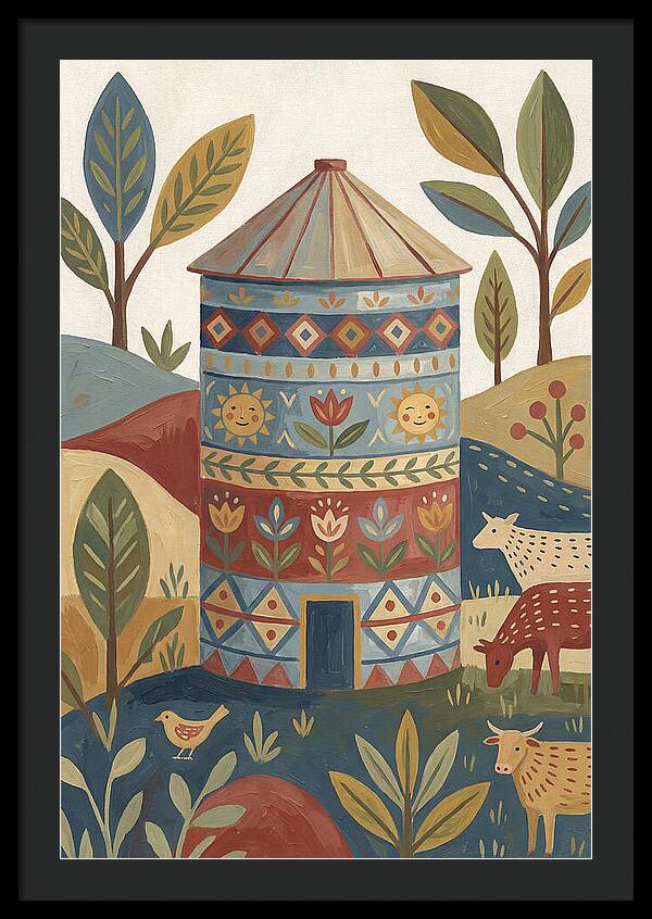 Grain Silo In Folk Art Style