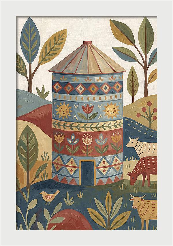 Grain Silo In Folk Art Style