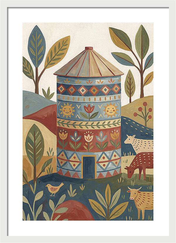 Grain Silo In Folk Art Style