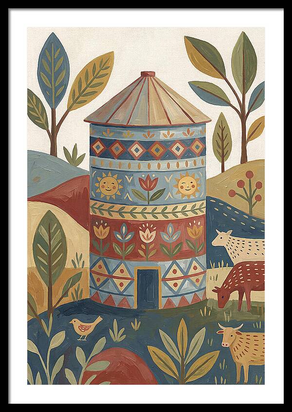 Grain Silo In Folk Art Style