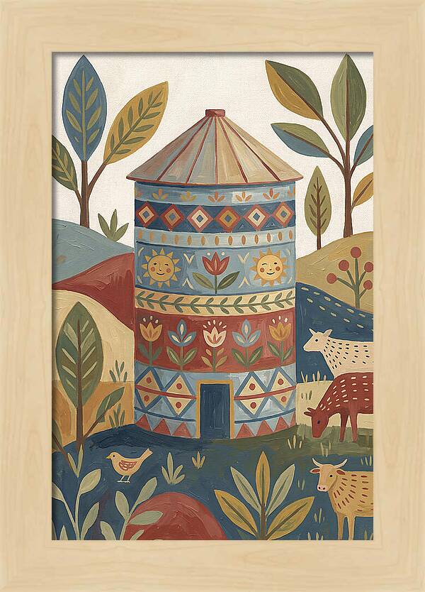 Grain Silo In Folk Art Style