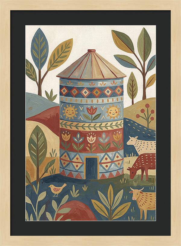 Grain Silo In Folk Art Style