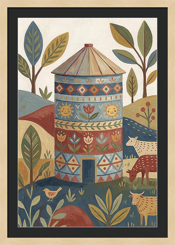 Grain Silo In Folk Art Style