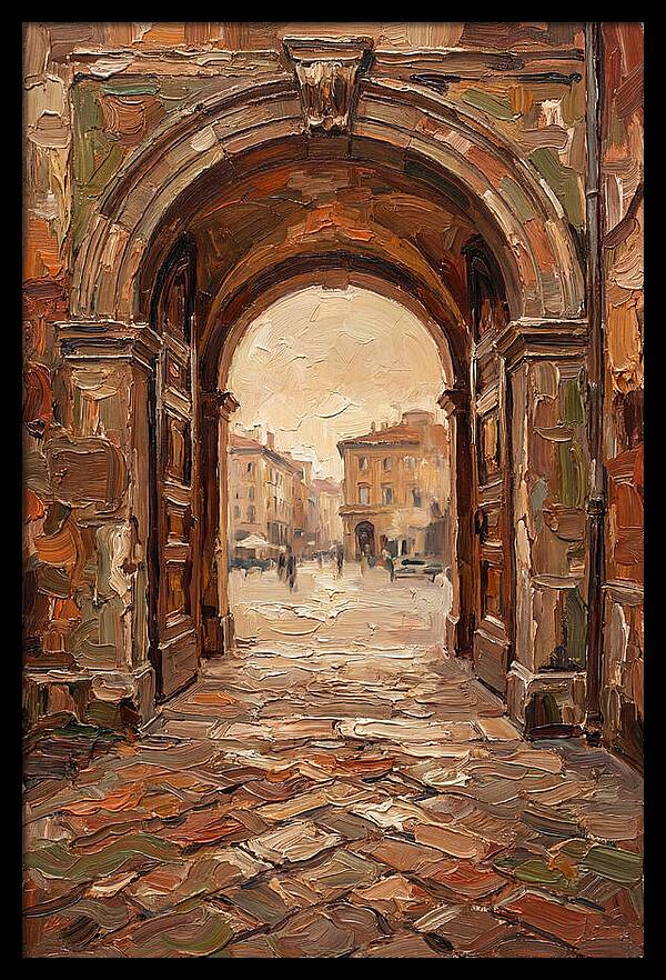 Grand Stone Archway Framing City Square