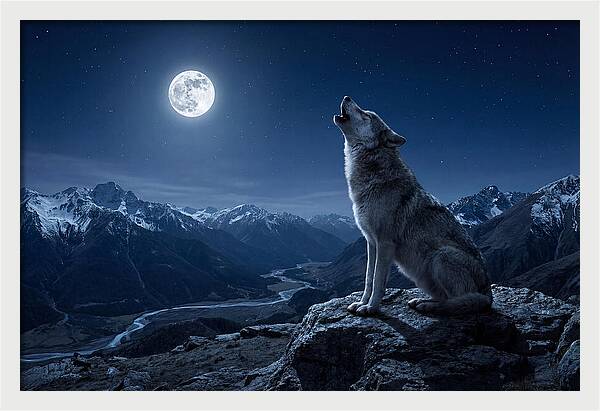 Gray Wolf Howling Under Moonlight