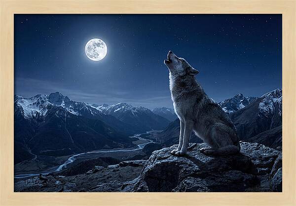 Gray Wolf Howling Under Moonlight