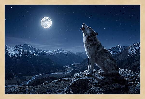 Gray Wolf Howling Under Moonlight