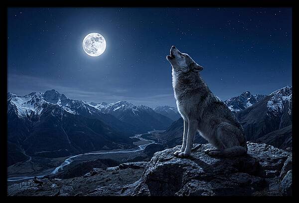 Gray Wolf Howling Under Moonlight