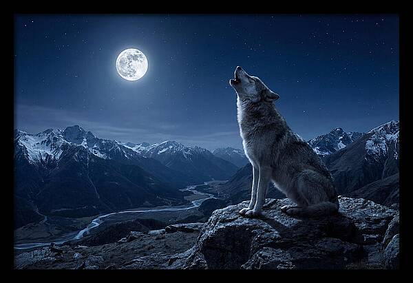 Gray Wolf Howling Under Moonlight
