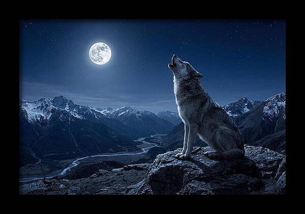 Gray Wolf Howling Under Moonlight