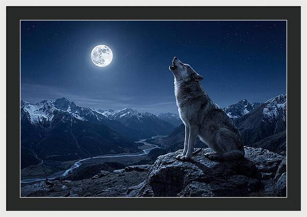Gray Wolf Howling Under Moonlight