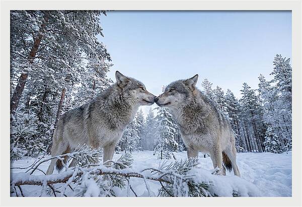 Gray Wolves Embracing In Snow