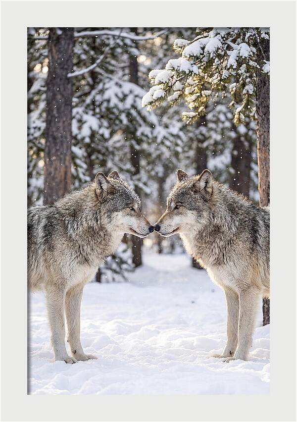 Gray Wolves In Winter Embrace