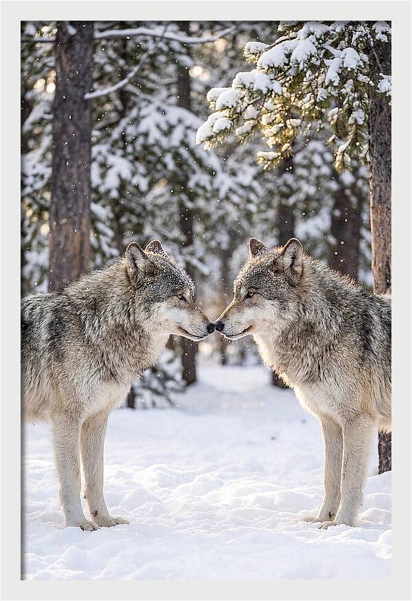 Gray Wolves In Winter Embrace