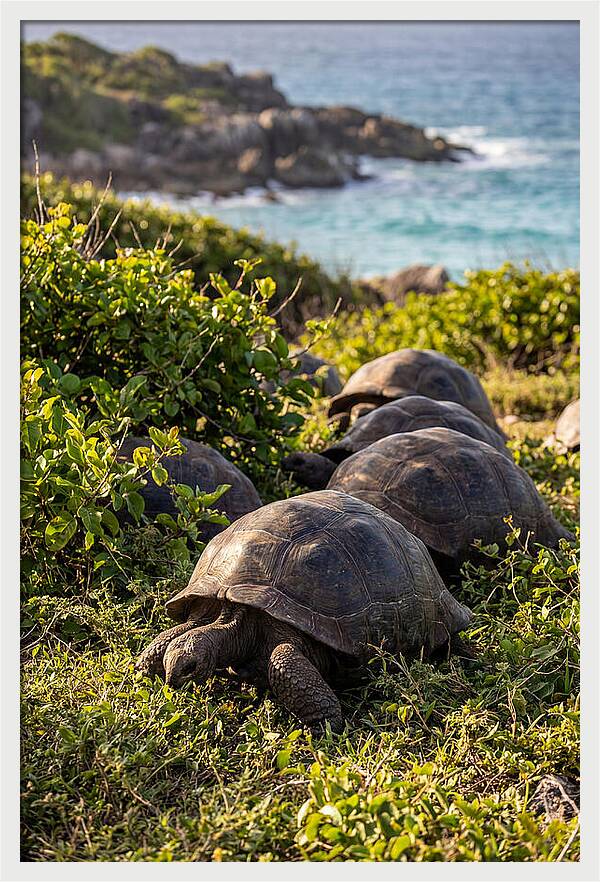 Grazing Aldabra Tortoises By The Shore