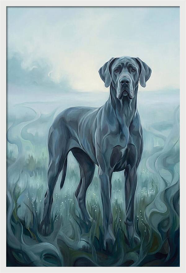 Great Dane Standing Tall In Morning Mist