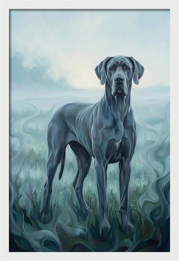 Great Dane Standing Tall In Morning Mist
