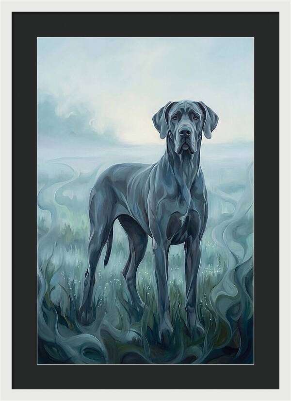 Great Dane Standing Tall In Morning Mist