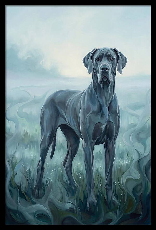 Great Dane Standing Tall In Morning Mist