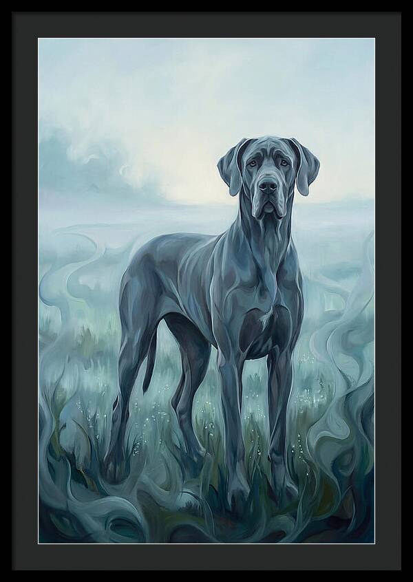 Great Dane Standing Tall In Morning Mist