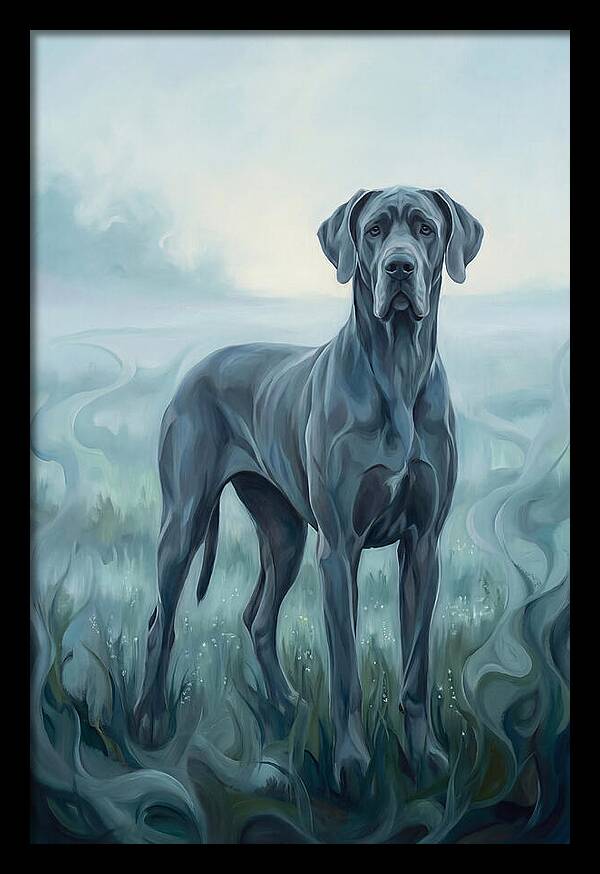Great Dane Standing Tall In Morning Mist