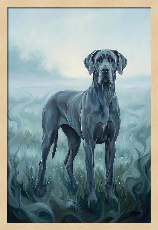 Great Dane Standing Tall In Morning Mist