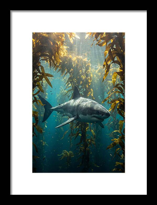 Great White Shark Patrolling Kelp