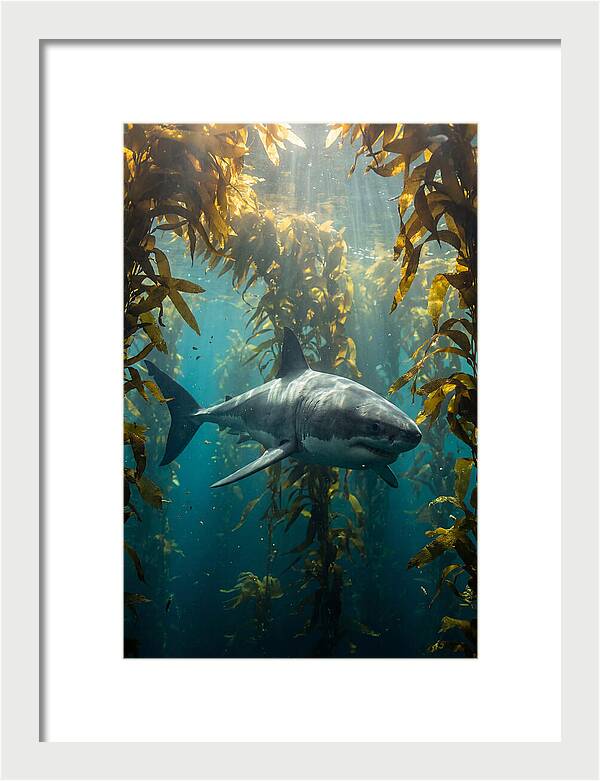 Great White Shark Patrolling Kelp