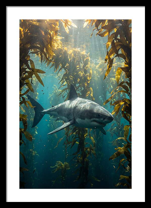 Great White Shark Patrolling Kelp