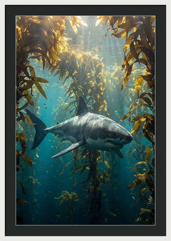 Great White Shark Patrolling Kelp