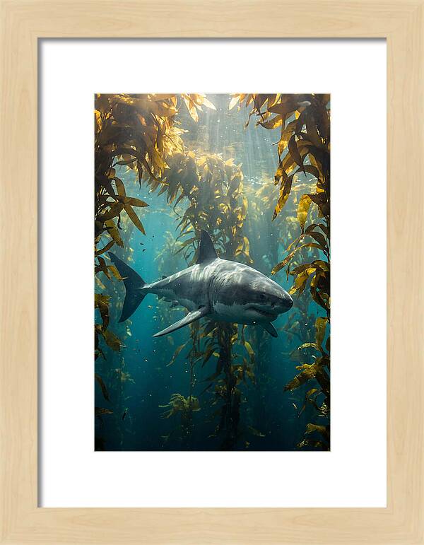 Great White Shark Patrolling Kelp